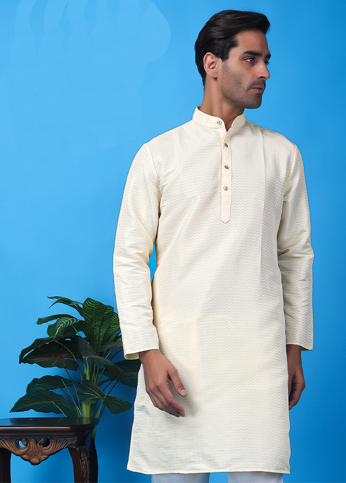 White Silk Jacquard Knee Length Kurta Free Shipping For Nice