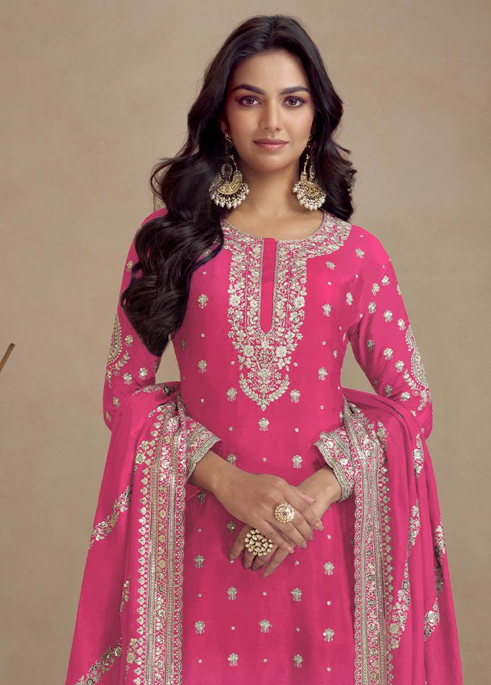 3 Pc Pink Semi Stitched Silk Suit Set For Sale Online