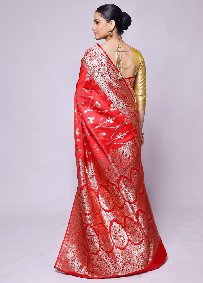 Red Banarasi Silk Saree With Blouse Piece Cheap Finishline