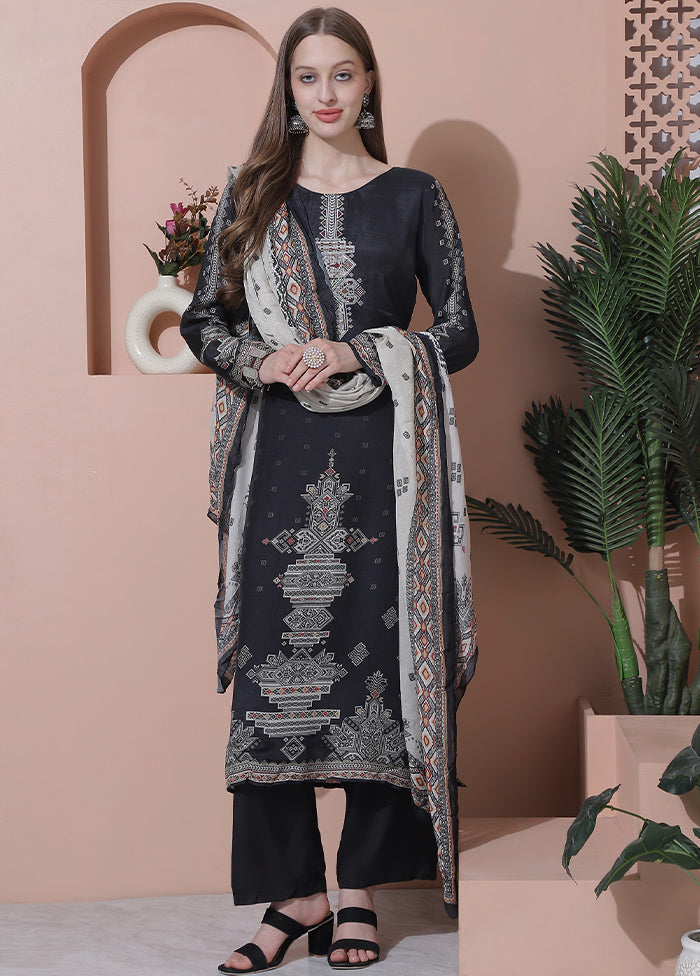 3 Pc Black Semi Stitched Silk Suit Set Discount Newest