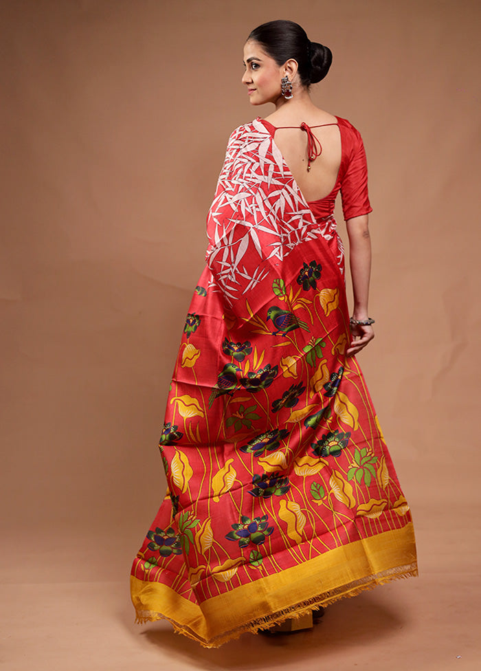 Red Printed Pure Silk Saree Without Blouse Piece Cheap Pice Outlet