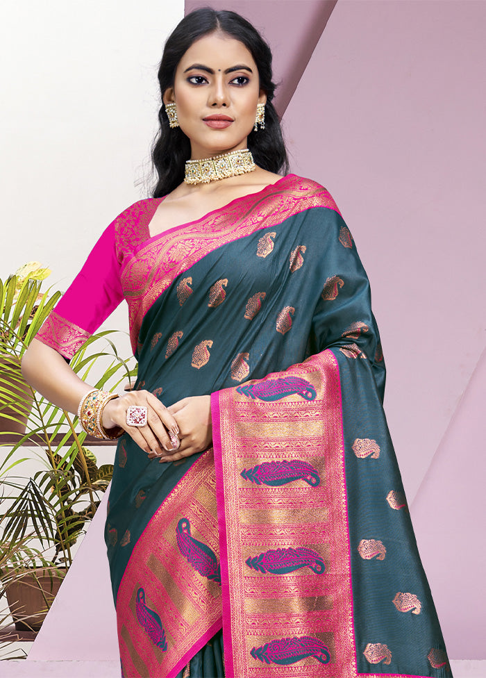 Rama Dupion Silk Saree With Blouse Piece Cheap Sale Online