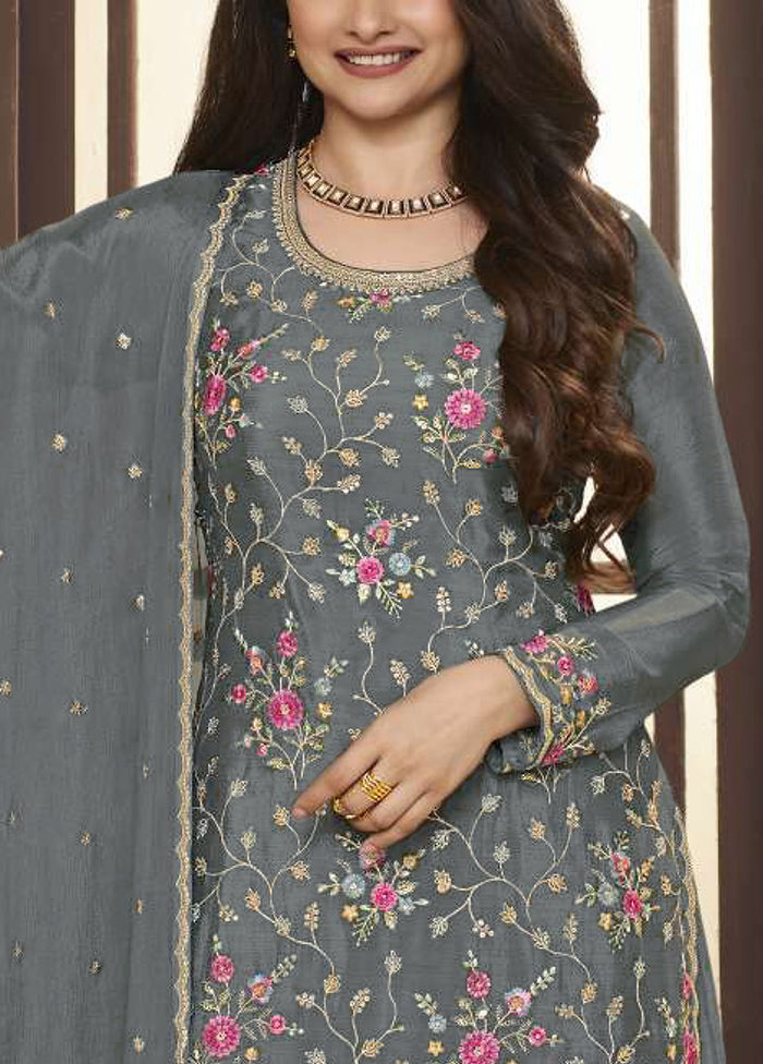 3 Pc Grey Semi Stitched Viscose Suit Set For Cheap Pice