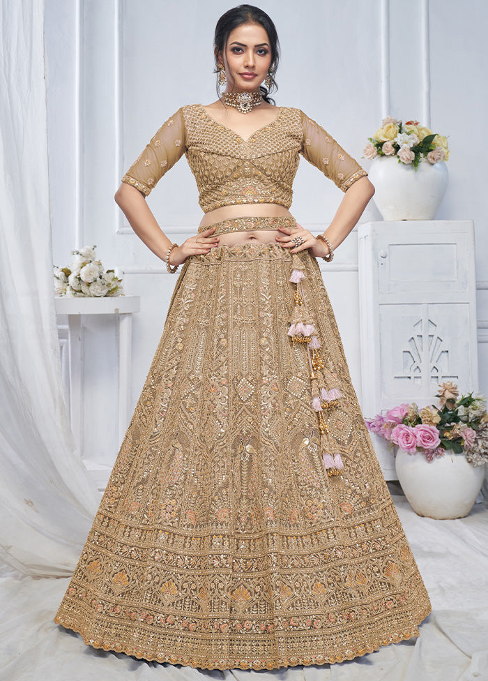 3 Pc Golden Net Semi Stitched Lehenga Set Professional