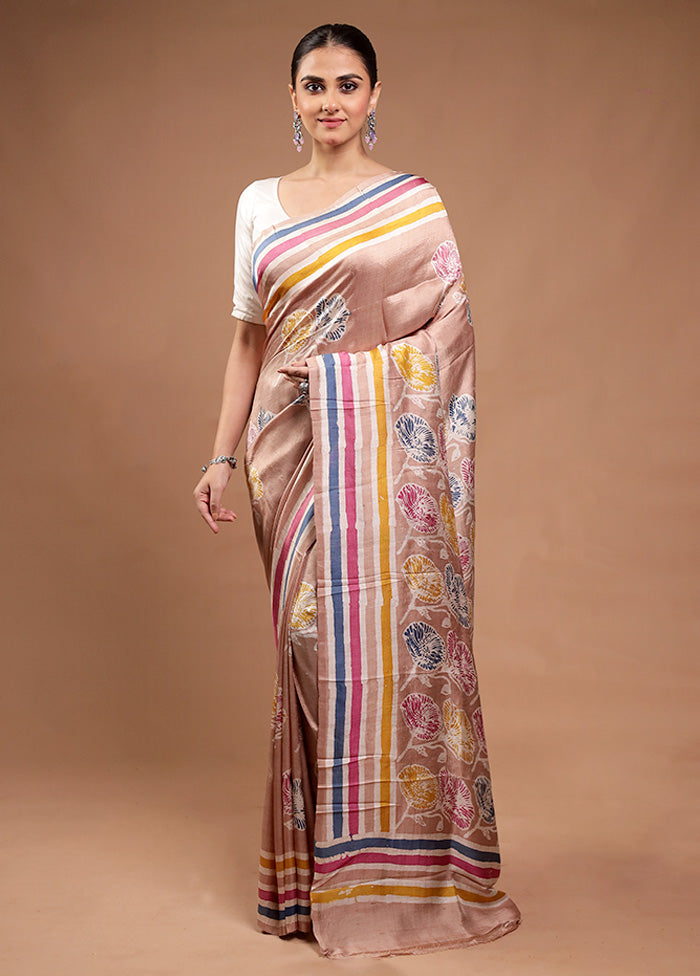 Cream Printed Pure Silk Saree Without Blouse Piece Great Deals Cheap Pice