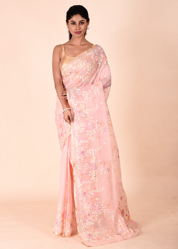 Baby Pink Organza Saree With Blouse Piece Discount Cheap Online