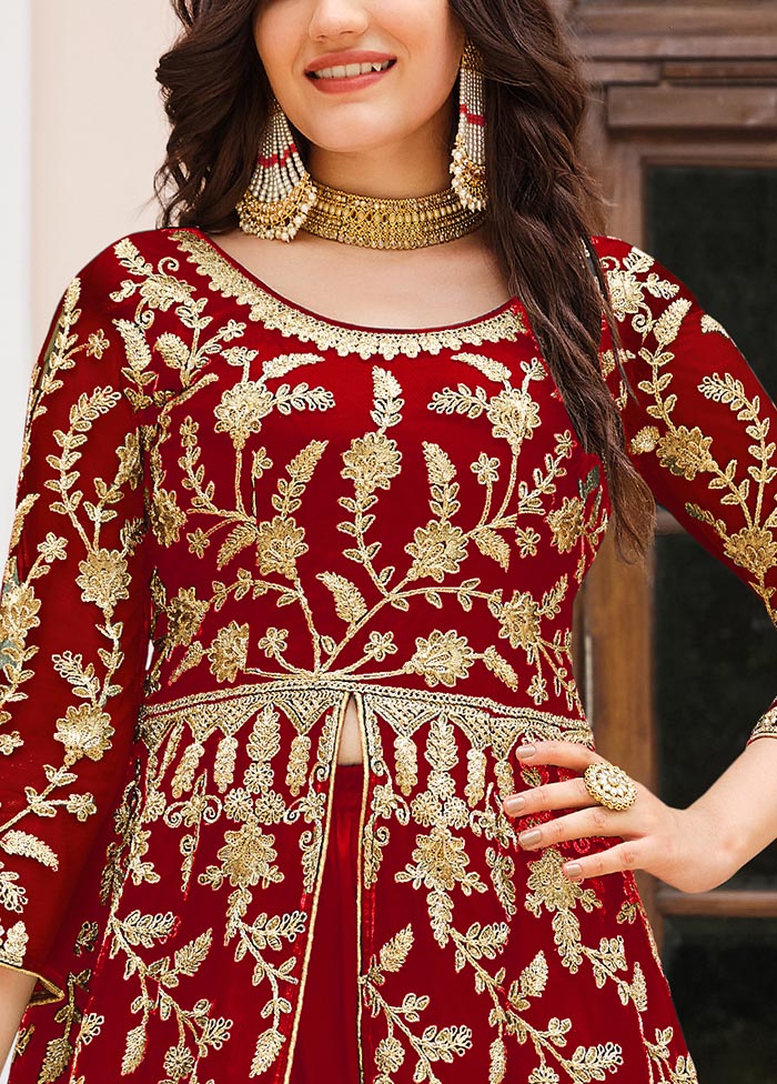 3 Pc Red Semi Stitched Net Suit Set Enjoy Cheap Online