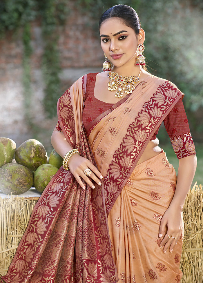 Peach Spun Silk Saree With Blouse Piece Sale Low Cost