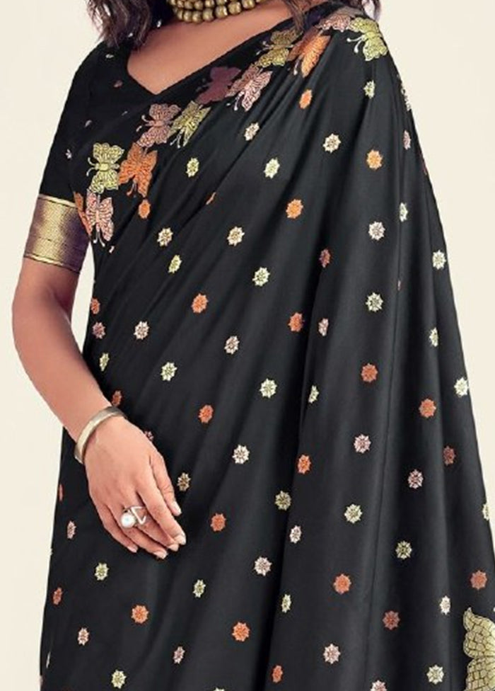 Black Spun Silk Saree With Blouse Piece Shop Sale Online