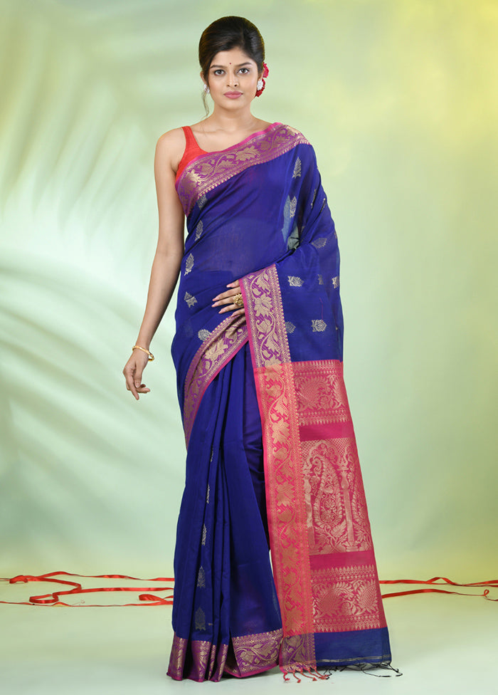 Blue Pure Cotton Saree With Blouse Piece Authentic For Sale