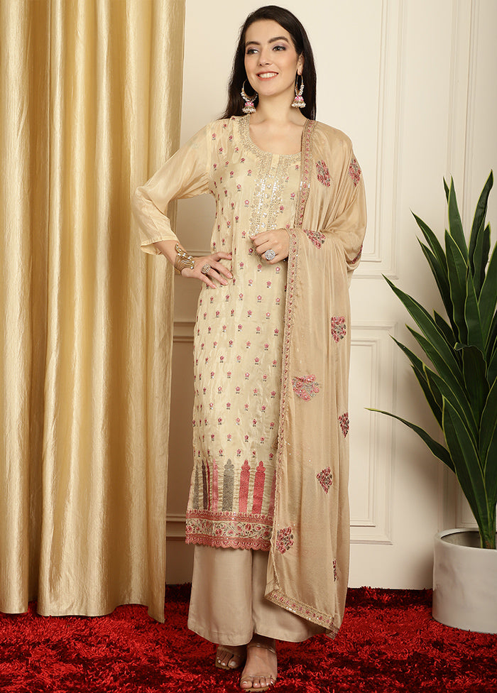 3 Pc Beige Unstitched Pure Silk Suit Set Free Shipping Visit