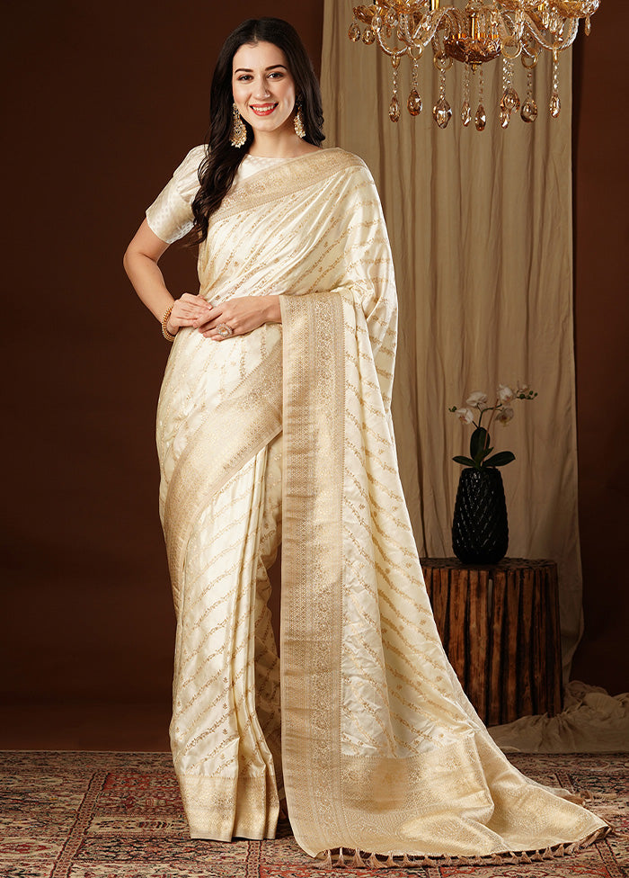 Cream Satin Silk Saree With Blouse Piece Cheap Sale Low Cost