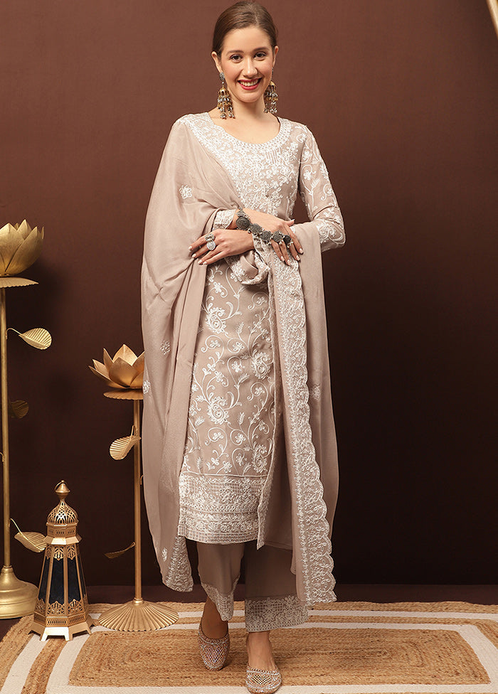 3 Pc Beige Unstitched Suit Set With Dupatta Discount Authentic Online