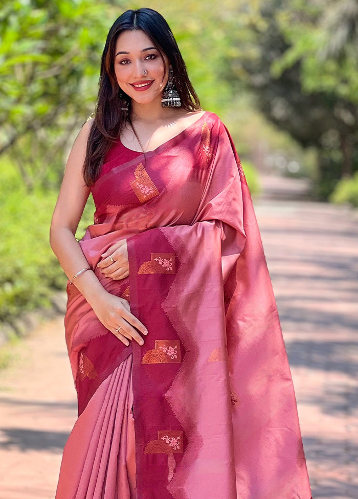 Peach Banarasi Silk Saree With Blouse Piece Clearance Original