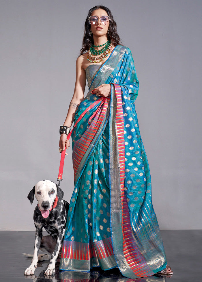 Blue Spun Silk Saree With Blouse Piece Fashionable Online