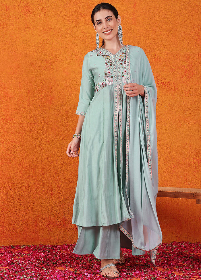 3 Pc Sky Blue Readymade Silk Suit Set Free Shipping Low Cost