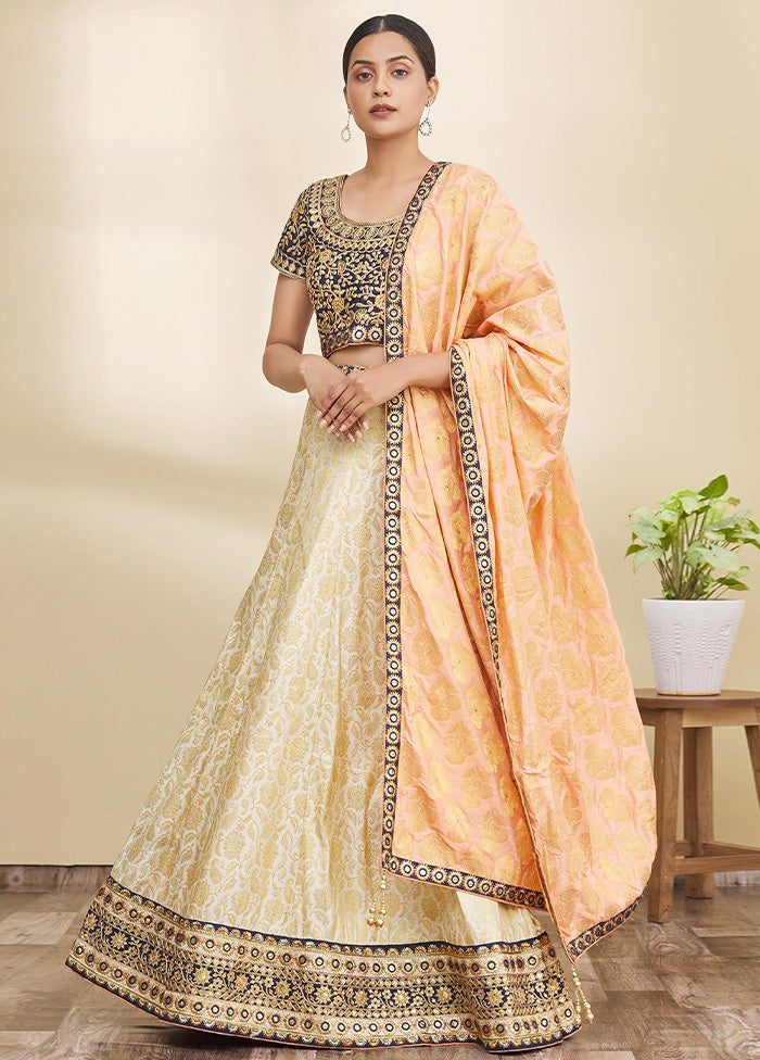 3 Pc Cream Silk Semi Stitched Lehenga Set Free Shipping Low Shipping