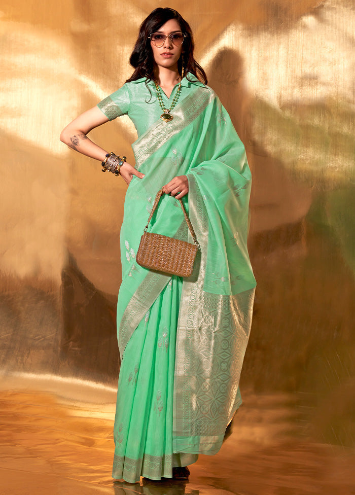 Green Cotton Saree With Blouse Piece Sale Cost