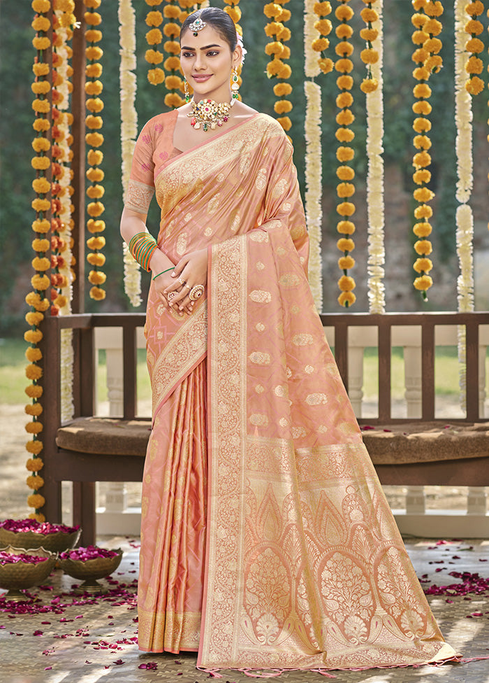 Peach Satin Silk Saree With Blouse Piece Pictures Online