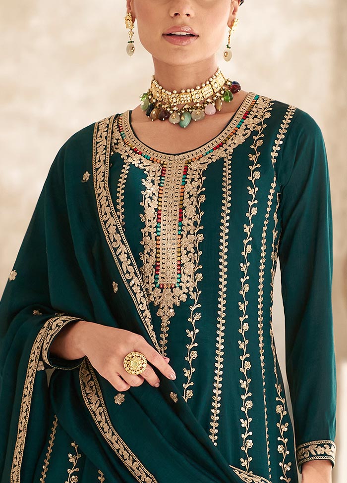 3 Pc Green Semi Stitched Silk Suit Set Sast Sale Online