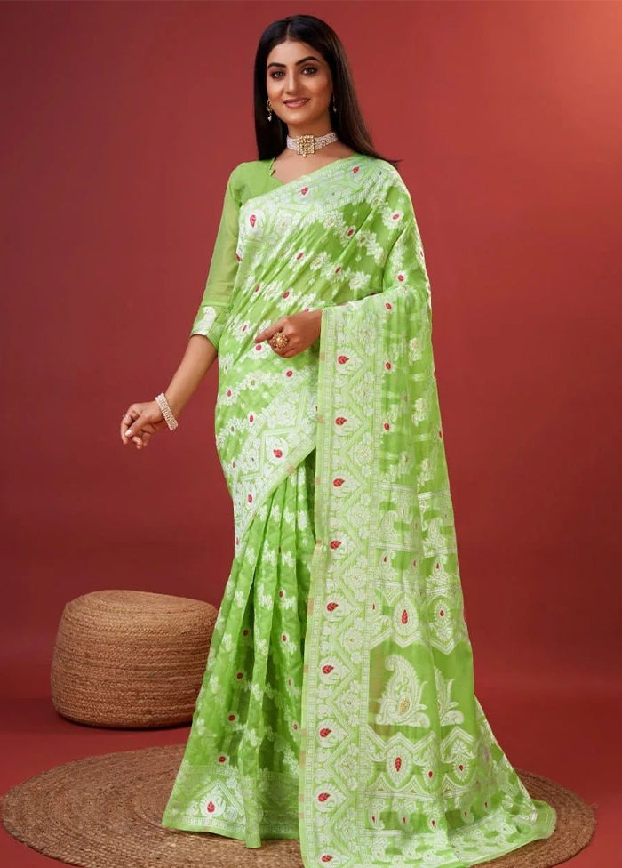 Parrot Green Cotton Saree With Blouse Piece Cheap Sale Fashionable