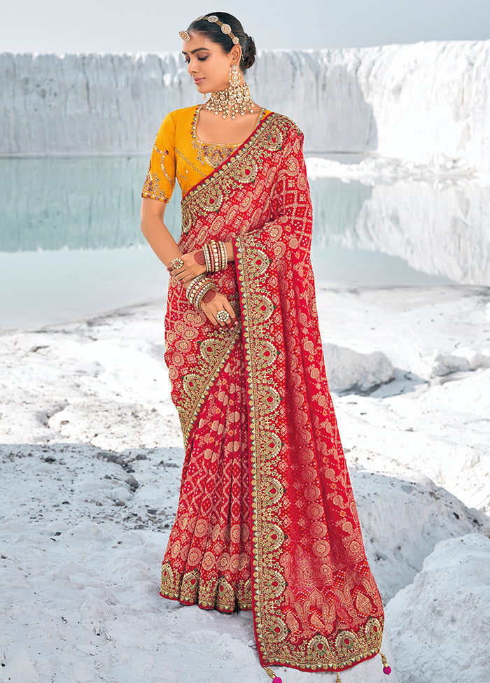 Red Pure Georgette Saree With Blouse Piece Fashion Style For Sale