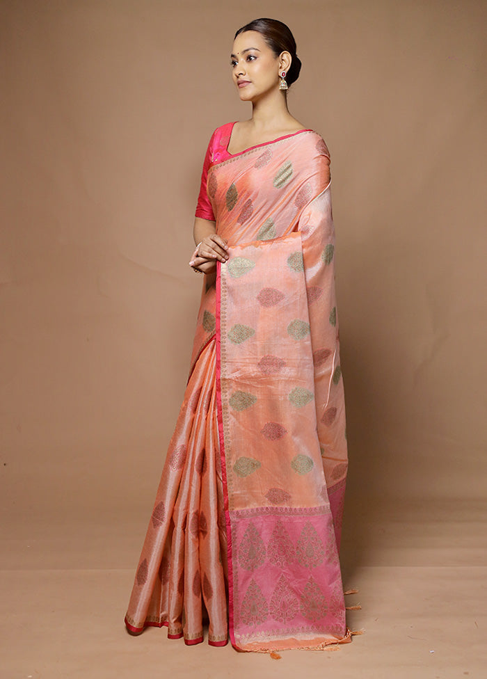 Peach Kora Silk Saree With Blouse Piece Free Shipping Geniue Stockist