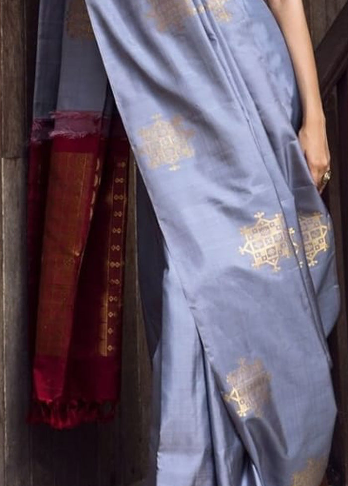 Grey Banarasi Silk Saree With Blouse Piece Browse For Sale