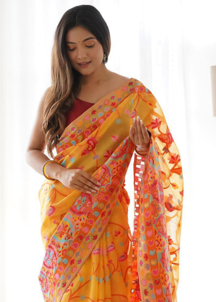 Yellow Banarasi Silk Saree With Blouse Piece Sale Geniue Stockist