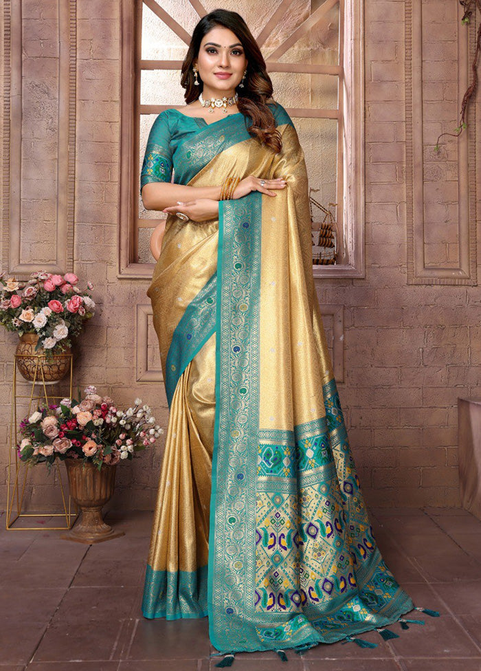 Golden Banarasi Silk Saree With Blouse Piece Low Cost