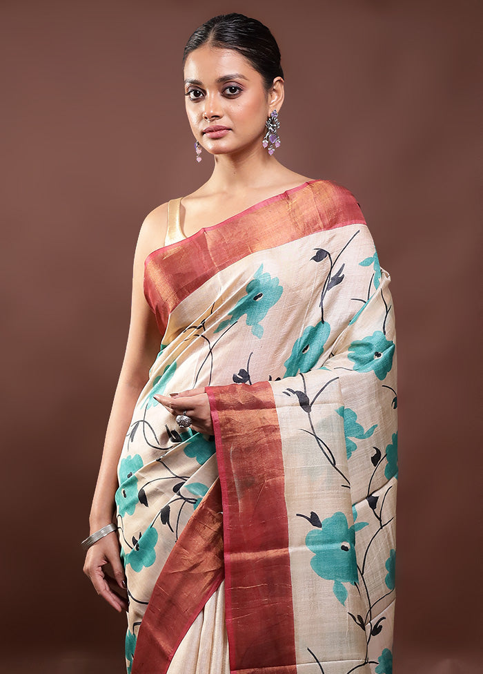 Cream Handloom Tussar Pure Silk Saree With Blouse Piece Sale Footlocker Pictures