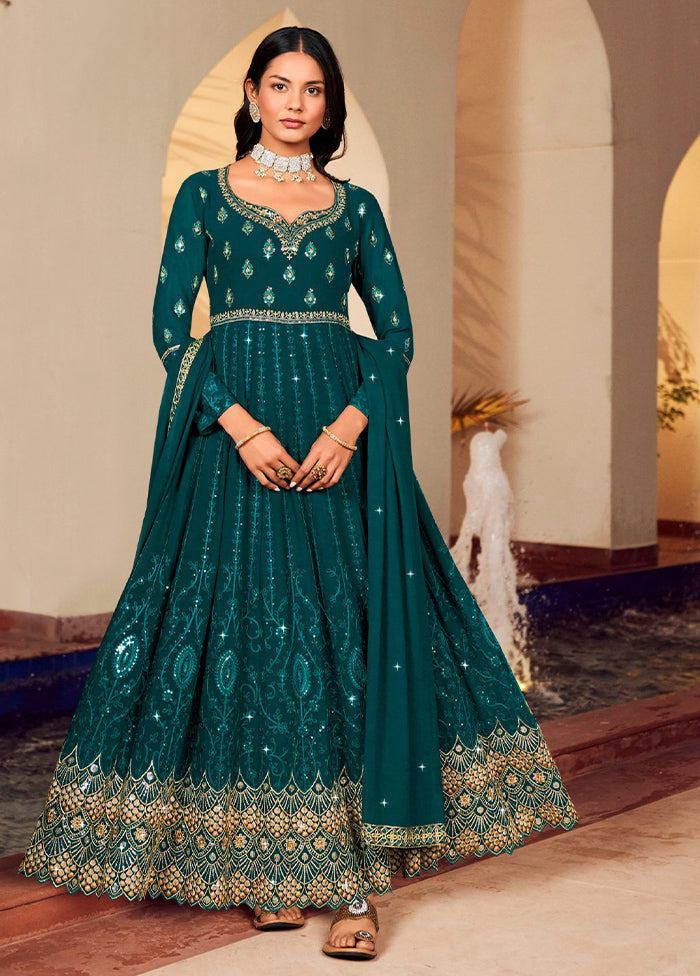 3 Pc Teal Unstitched Georgette Suit Set Outlet Where Can You Find