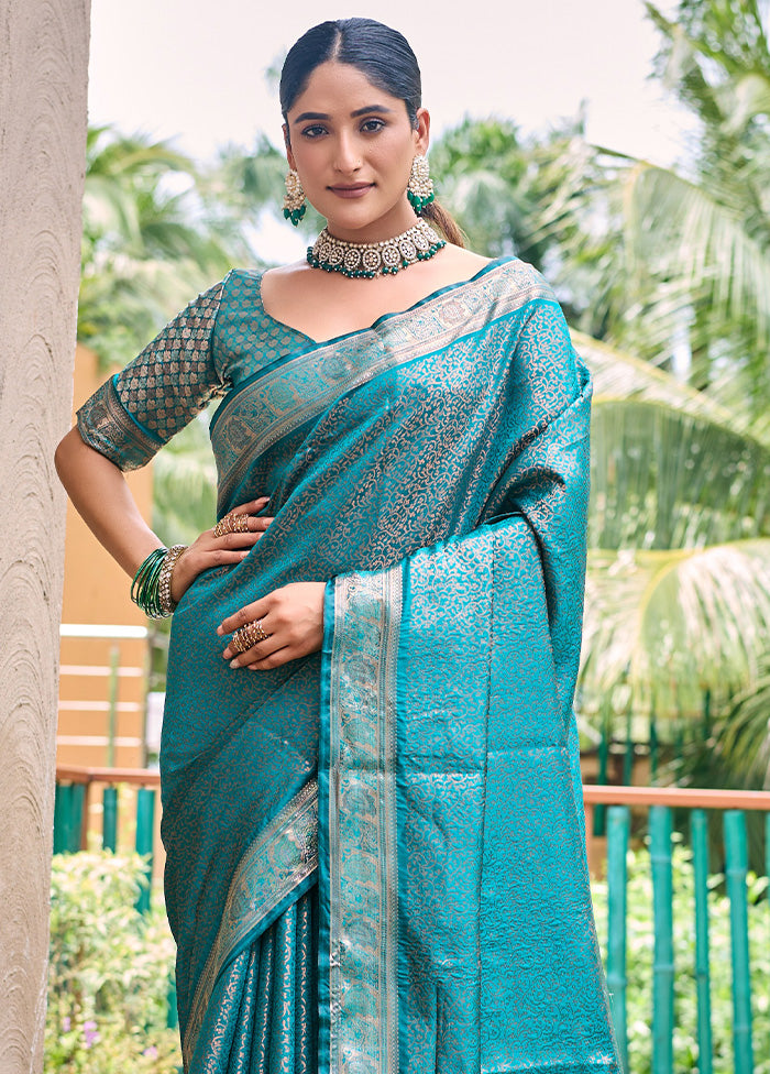 Turquoise Kanjivaram Silk Saree With Blouse Piece Cheapest Pice Online