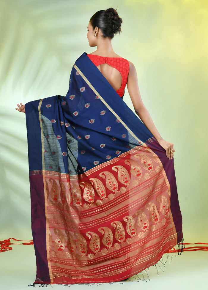 Navy Blue Pure Cotton Saree With Blouse Piece Cheap High Quality