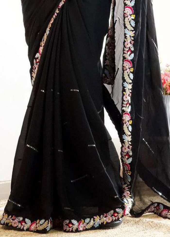 Black Spun Silk Saree With Blouse Piece Perfect