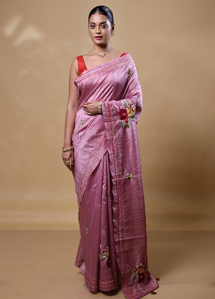 Pink Dupion Silk Saree With Blouse Piece Sale Affordable