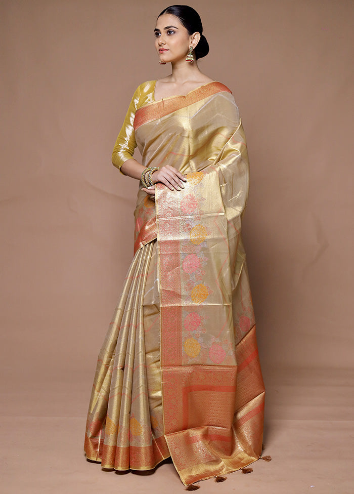 Golden Tissue Silk Saree With Blouse Piece Low Pice Fee Shipping For Sale