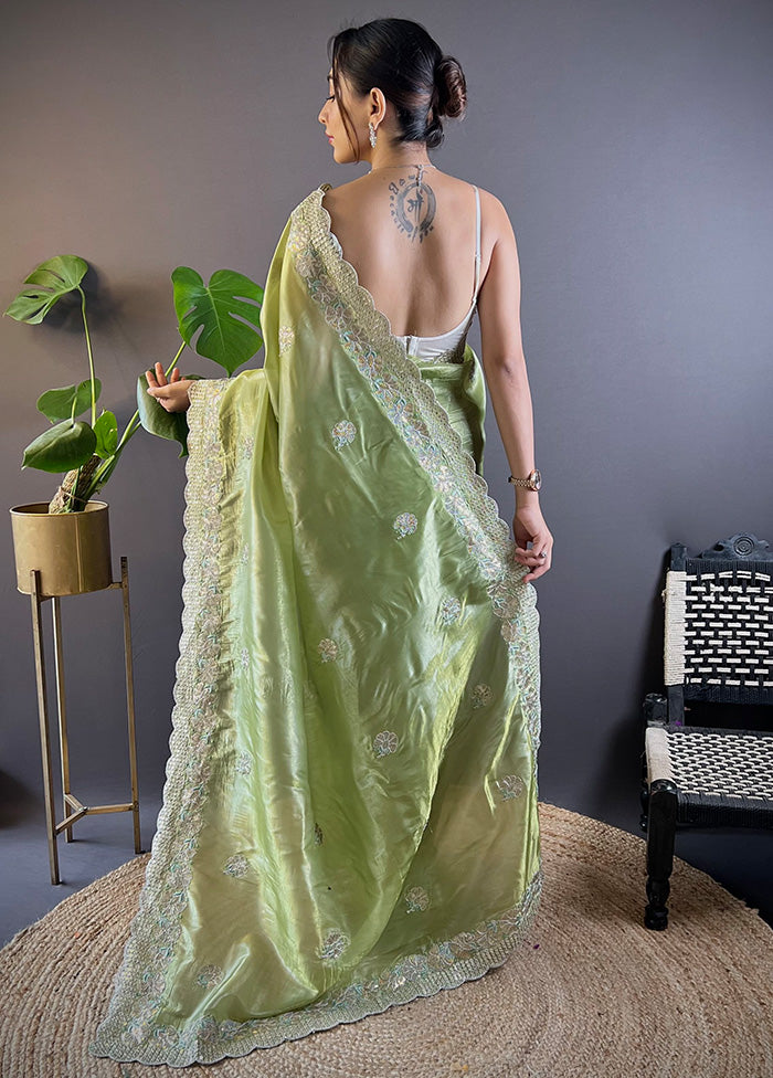 Green Spun Silk Saree With Blouse Piece Outlet Free Shipping Authentic