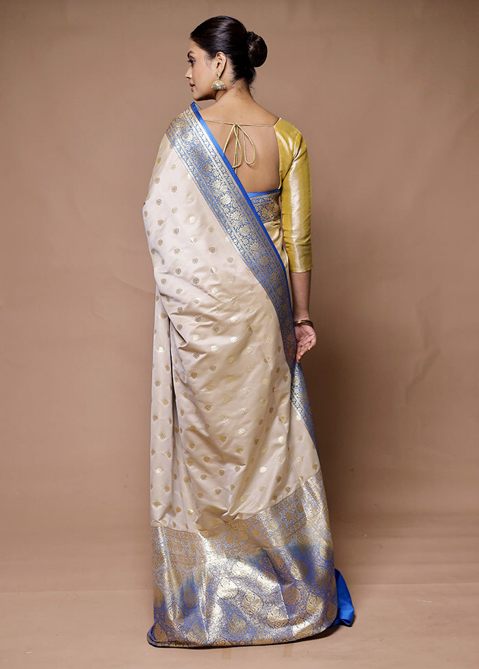 Cream Banarasi Silk Saree With Blouse Piece Authentic For Sale