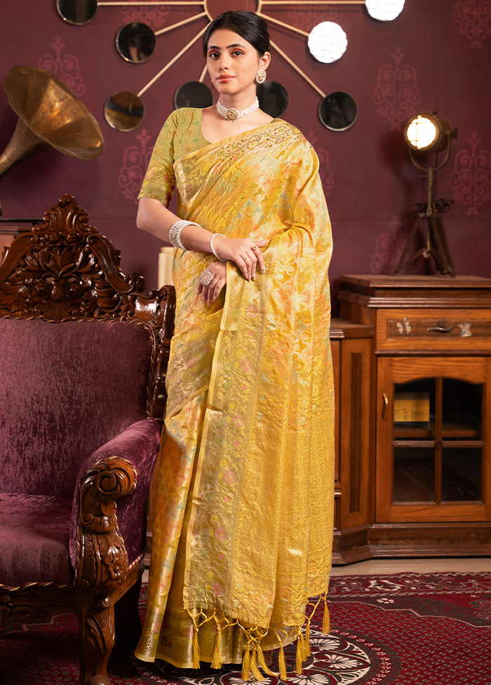 Yellow Spun Silk Saree With Blouse Piece Cheap Sale For Cheap