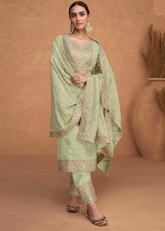 3 Pc Pista Green Semi Stitched Silk Suit Set For Cheap Sale Online