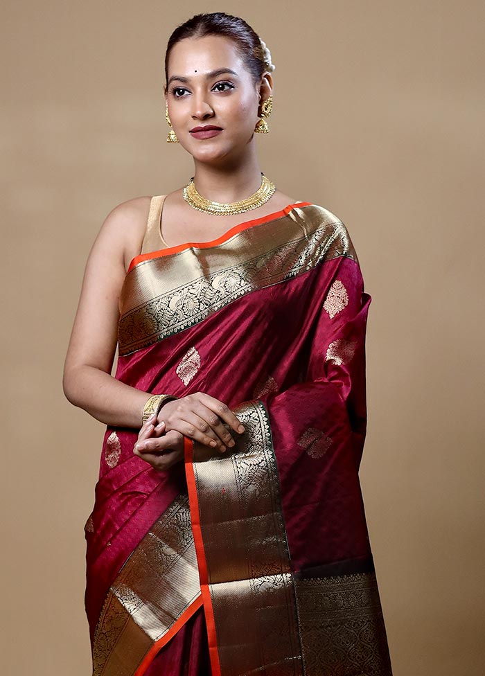 Maroon Handloom Kanchipuram Pure Silk Saree With Blouse Piece Cheap Sale Cheapest