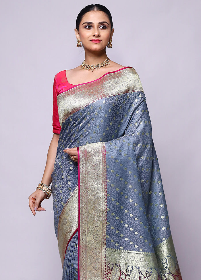 Grey Tanchoi Silk Saree With Blouse Piece Clearance Amazing Pice