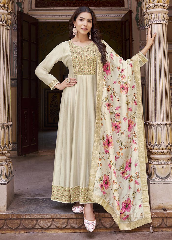 3 Pc Cream Semi Stitched Silk Suit Set Outlet Release Dates