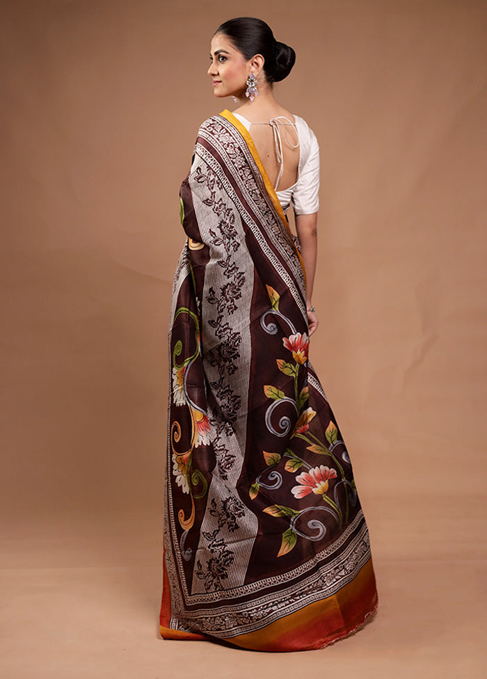 Brown Printed Pure Silk Saree Without Blouse Piece Cheap Footlocker