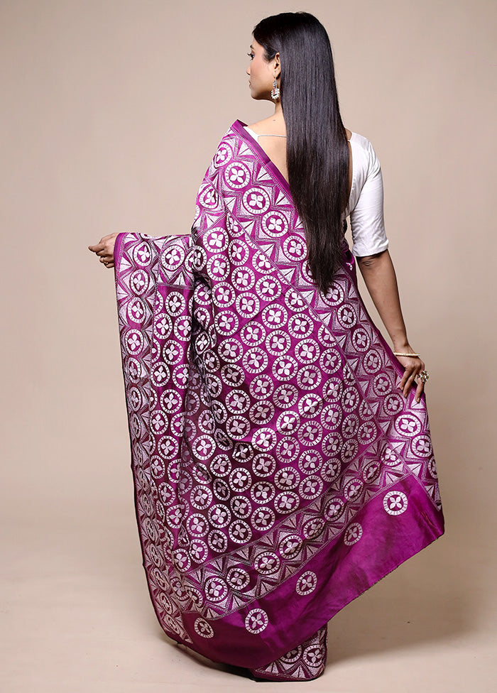 Purple Handloom Kantha Stitch Pure Silk Saree With Blouse Piece Sale View