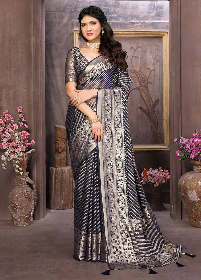 Dark Blue Spun Silk Saree With Blouse Piece Clearance Official