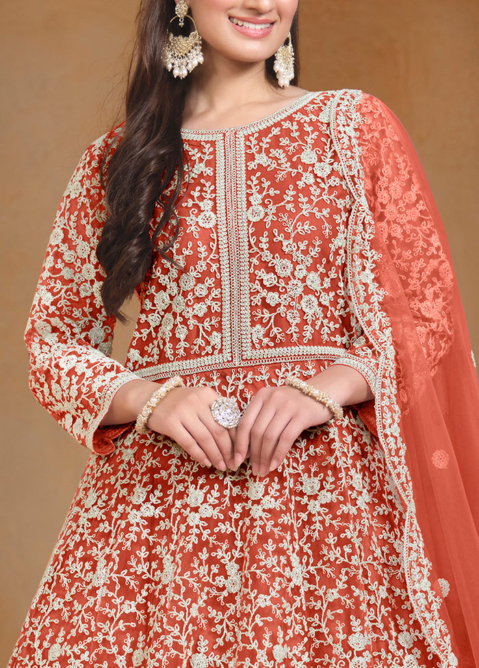 3 Pc Orange Semi Stitched Net Suit Set Order Cheap Online