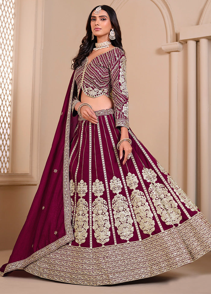 3 Pc Burgundy Silk Semi Stitched Lehenga Set Cheap Cost