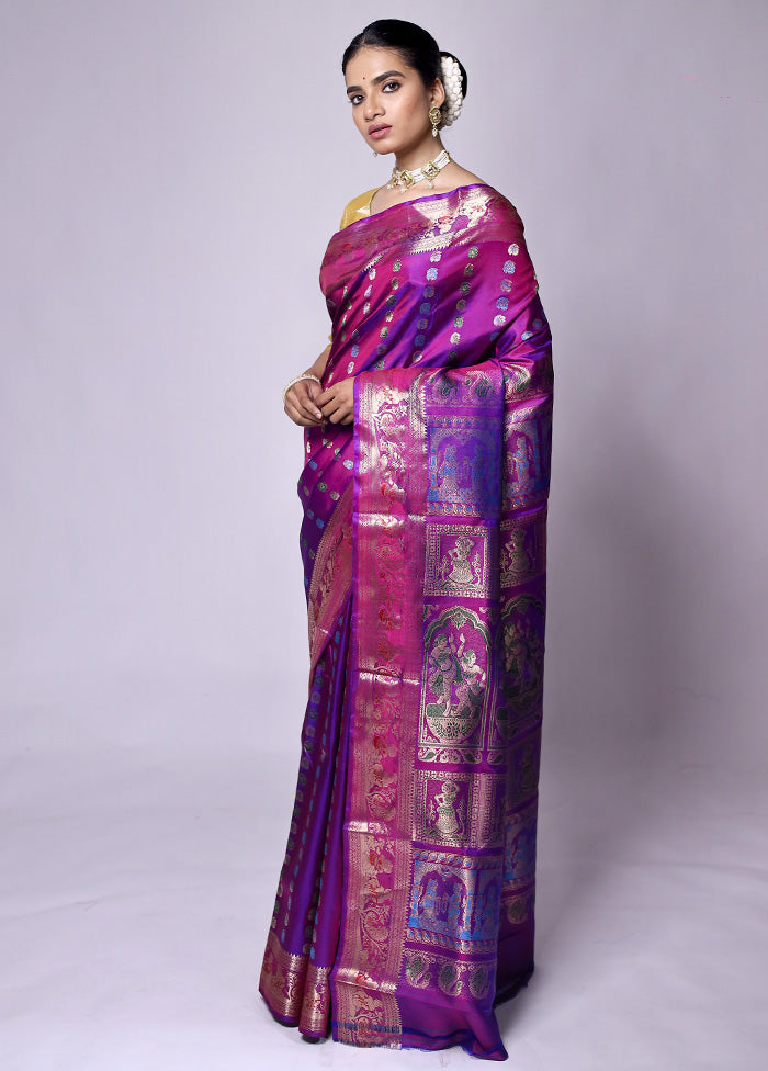 Purple Handloom Baluchari Pure Silk Saree With Blouse Piece Cheap Best Pices